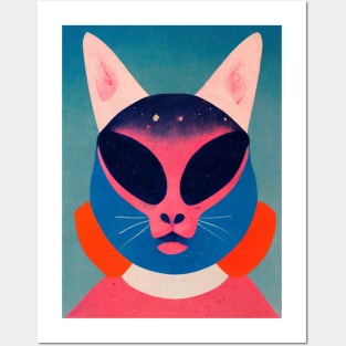 Alien Cat Retro Poster Vintage Art Cat Wall Blue Pink Illustration Posters and Art